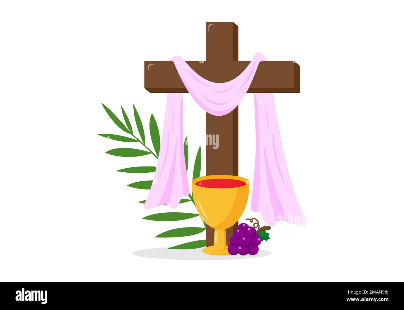 Carte de voeux chrétienne ou bannière de la semaine Sainte avant Pâques. Communion, vin, raisin, croix de Jésus-Christ, branches de palmier. Illustration vectorielle Illustration de Vecteur