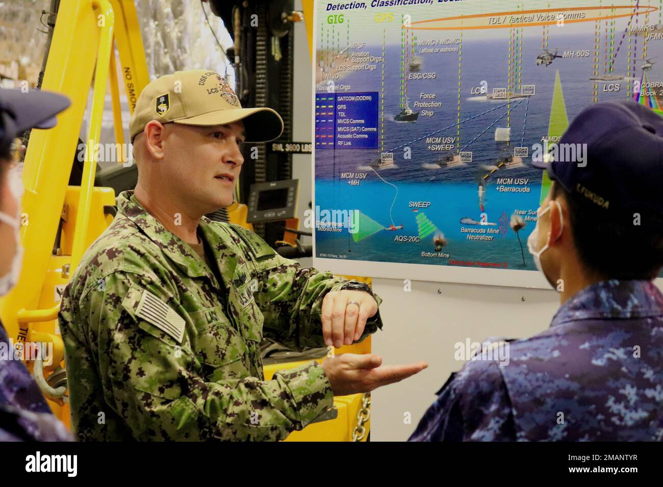 220601-O-NR876-803 SASEBO, Japon (1 juin 2022) le chef Jamnis Lacy, de Corpus Christi, Texas, explique au Japon FUKUDA Tatsuya, vice-ADM de la Force d'autodéfense maritime, commandant de la Force d'escorte de la flotte, Comment un hélicoptère MH-60s Sea Hawk est intégré à la mission de guerre des mines attribuée au navire de combat littoral de classe Independence USS Charleston (LCS 18). Charleston, qui fait partie de Destroyer Squadron (DESRON) 7, est en cours de déploiement par rotation, opérant dans la zone d'exploitation de la flotte américaine 7th afin d'améliorer l'interopérabilité avec les partenaires et de servir de force de réaction prête à l'appui de a f Banque D'Images