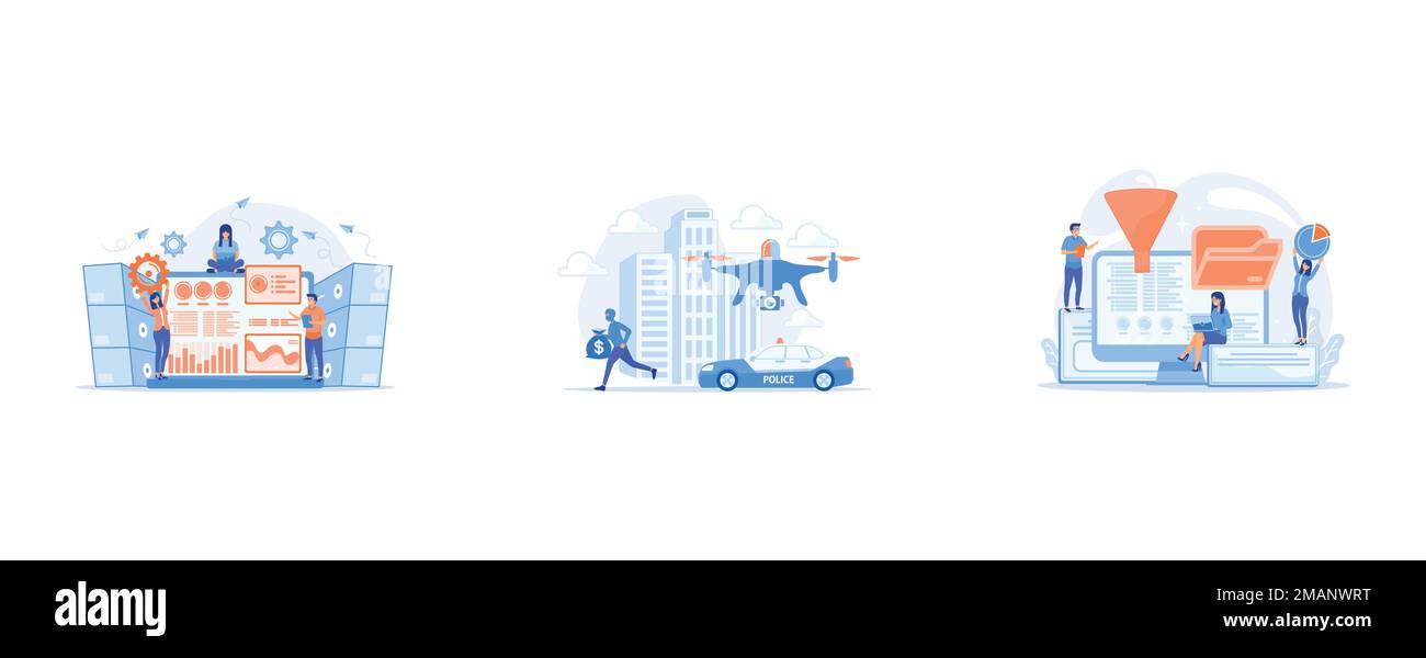 Ordinateur portable avec logiciel de visualisation de données et développeurs travaillant, voiture de police et de tir de drone thieve dans le masque avec l'argent et la scène de crime, Dashboard con Illustration de Vecteur