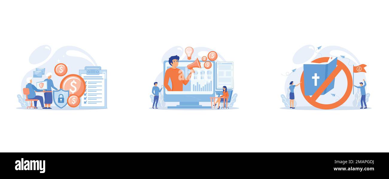 Age pension, économies d'argent, marketing livrant des annonces avec le mégaphone et les dispositifs, minuscules personnes athées contre la religion et la Bible signe interdit, ensemble f Illustration de Vecteur