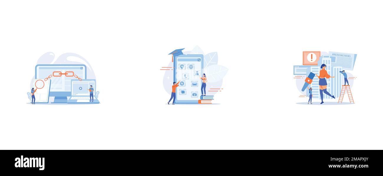 Technologie de communication en ligne, commerce d'Internet, recherche de marketing, e- learning, journalistes interviewant la personne célèbre, définir le vecteur plat moderne il Illustration de Vecteur