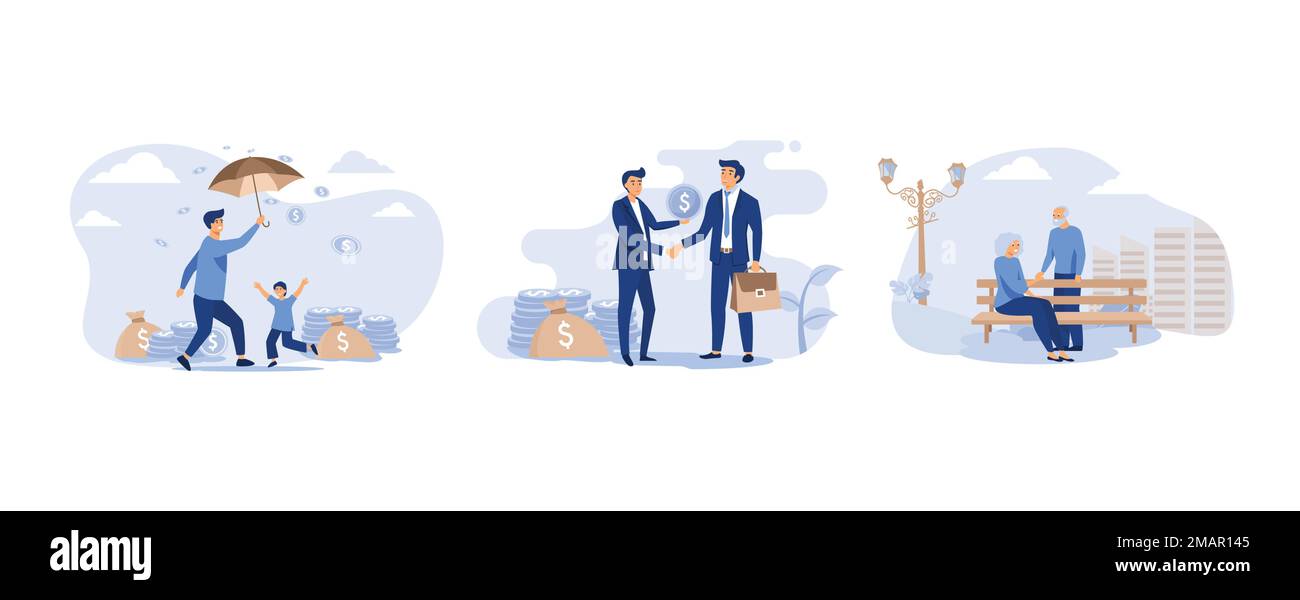 Homme heureux et garçon debout sous la pluie d'argent, Angel conseiller ou sponsoriser le projet de démarrage de financement, heureux couple senior assis sur un banc dans le parc, ensemble à plat Illustration de Vecteur