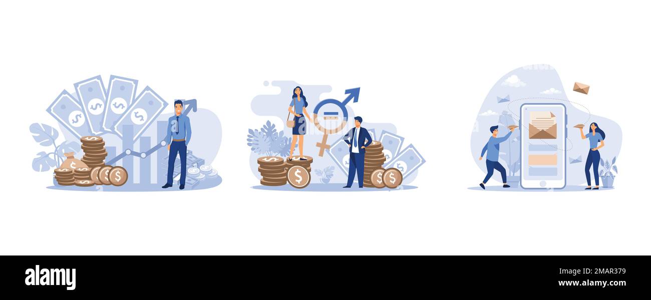 Entrepreneur ou investisseur réussi présentant pile d'argent et diagramme de croissance, égalité de salaire de genre dans les affaires, utilisateurs de téléphone chat en ligne, ensemble plat Illustration de Vecteur