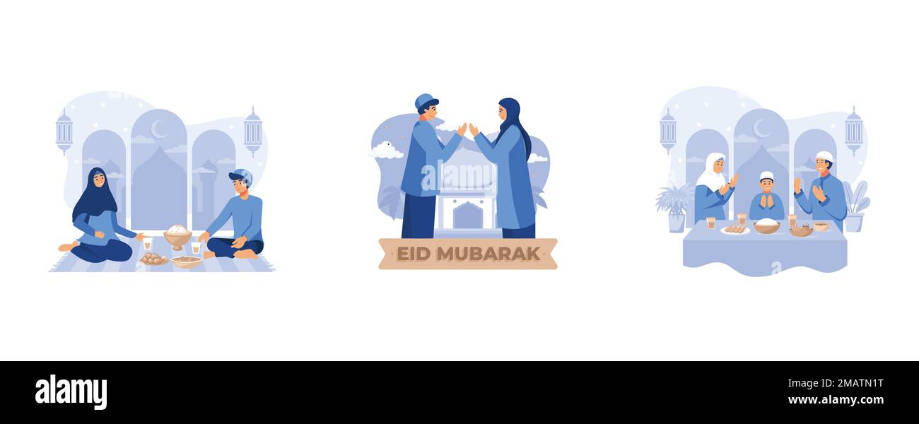 Un couple musulman priant avant d'avoir iftar après avoir jeûné pendant le ramadan Kareem Moubarak, heureux ramadan moubarak salutation concept avec le personnage du peuple FO Illustration de Vecteur