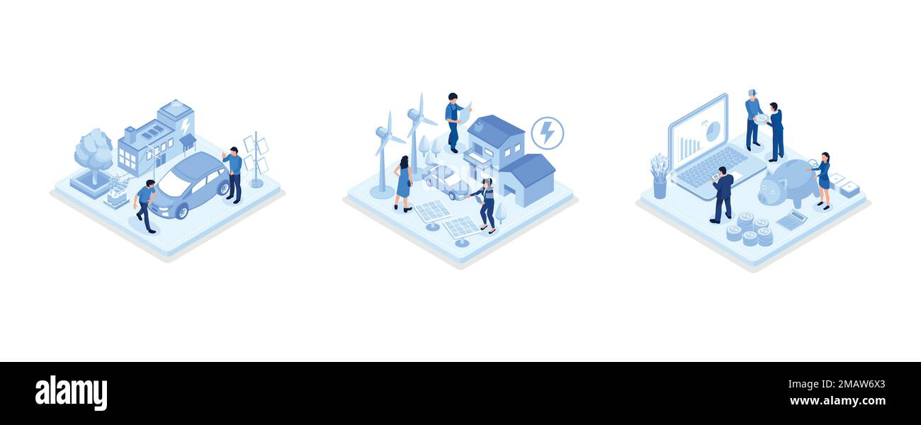 Les personnages de gens parlent avec le soutien à la clientèle, le personnage utilisant la technologie de réseau intelligent pour contrôler sa maison intelligente avec des générateurs d'électricité éolienne, ainsi Illustration de Vecteur