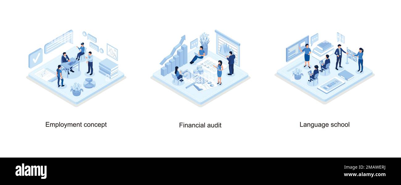 Concept d'emploi avec caractère, concept d'affaires d'audit financier, école de langue , vecteur isométrique illustration moderne Illustration de Vecteur
