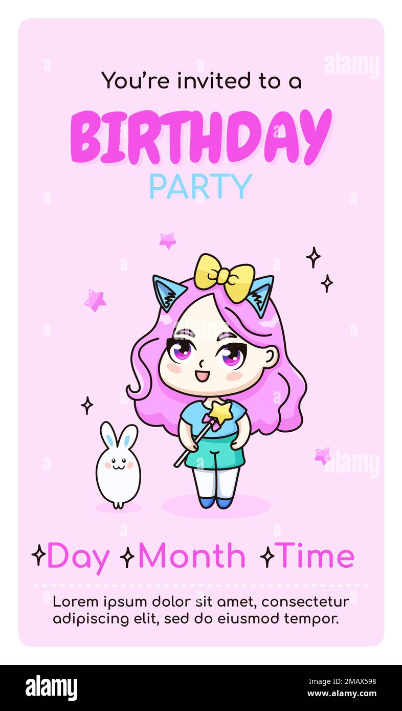 Joyeux anniversaire vertical carte d'invitation avec anime chibi fille. Illustration de Vecteur Joyeux anniversaire vertical carte d'invitation avec anime chibi fille. Illustration de Vecteur