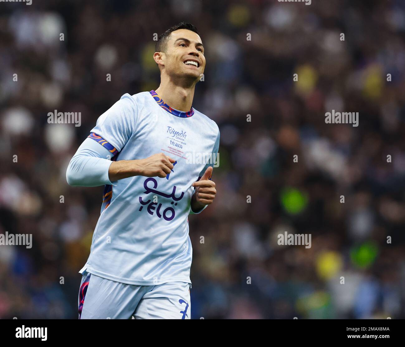 Riyad, Arabie Saoudite. 19th janvier 2023. Cristiano Ronaldo de l'équipe de saison de Riyad réagit lors du match de la coupe de saison de Riyad entre l'équipe de saison de Riyad et le FC Paris Saint-Germain au stade international du Roi Fahd à Riyad, en Arabie Saoudite, le 19 janvier 2023. Credit: Khalid Abdulfaattah/Xinhua/Alamy Live News Banque D'Images