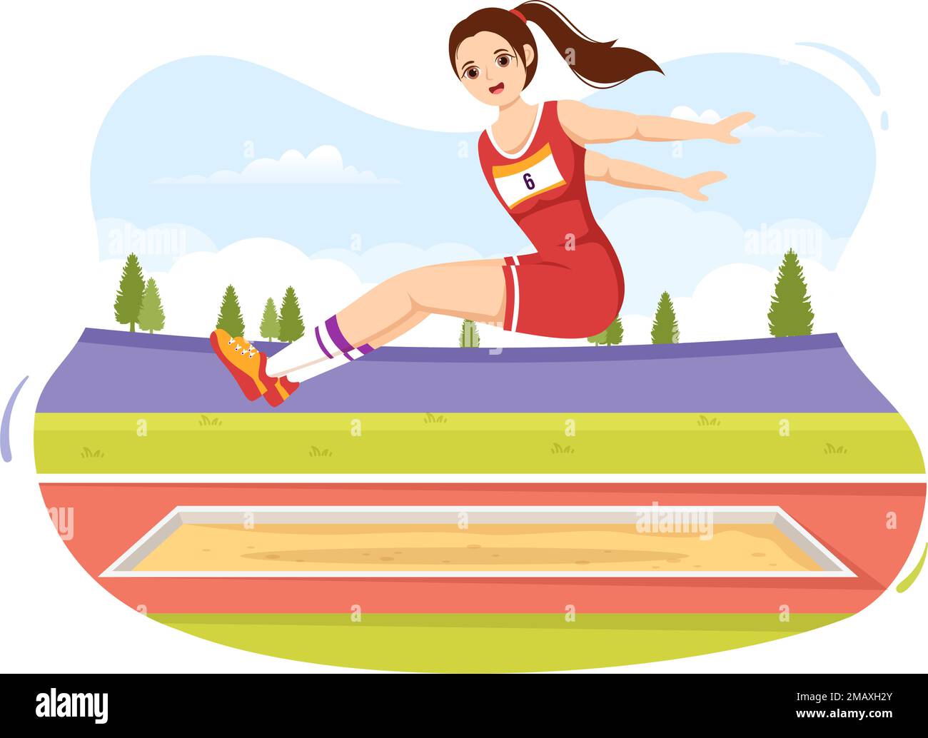 Long Jump Illustration avec l'athlète faire des sauts dans sable Pit pour Web Banner ou page d'arrivée dans le championnat de sport Flat Cartoon modèles tirés à la main Illustration de Vecteur