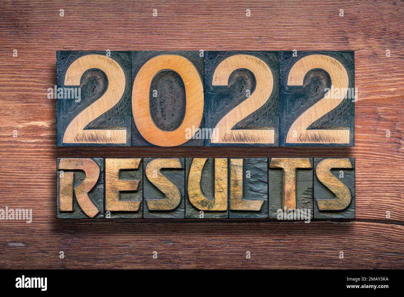 résultats 2022 phrase combinée de la typographie vintage sur surface en bois Banque D'Images