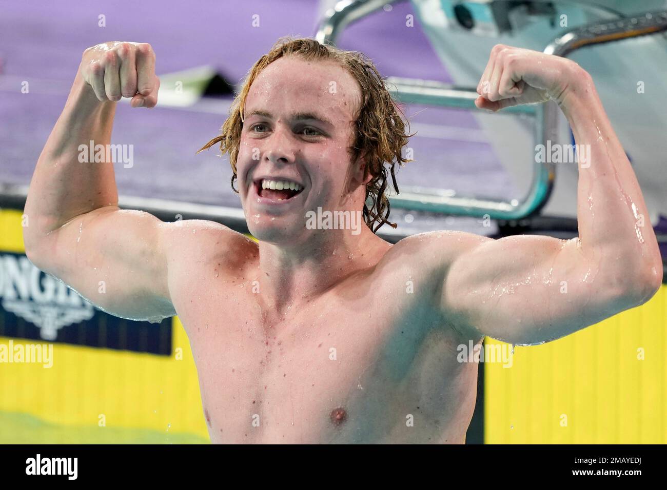 Sam Short of Australia celebrates after winning the gold medal in the Men's  1500 meters freestyle final during the swimming competition of the  Commonwealth Games, at the Sandwell Aquatics Centre in Birmingham,