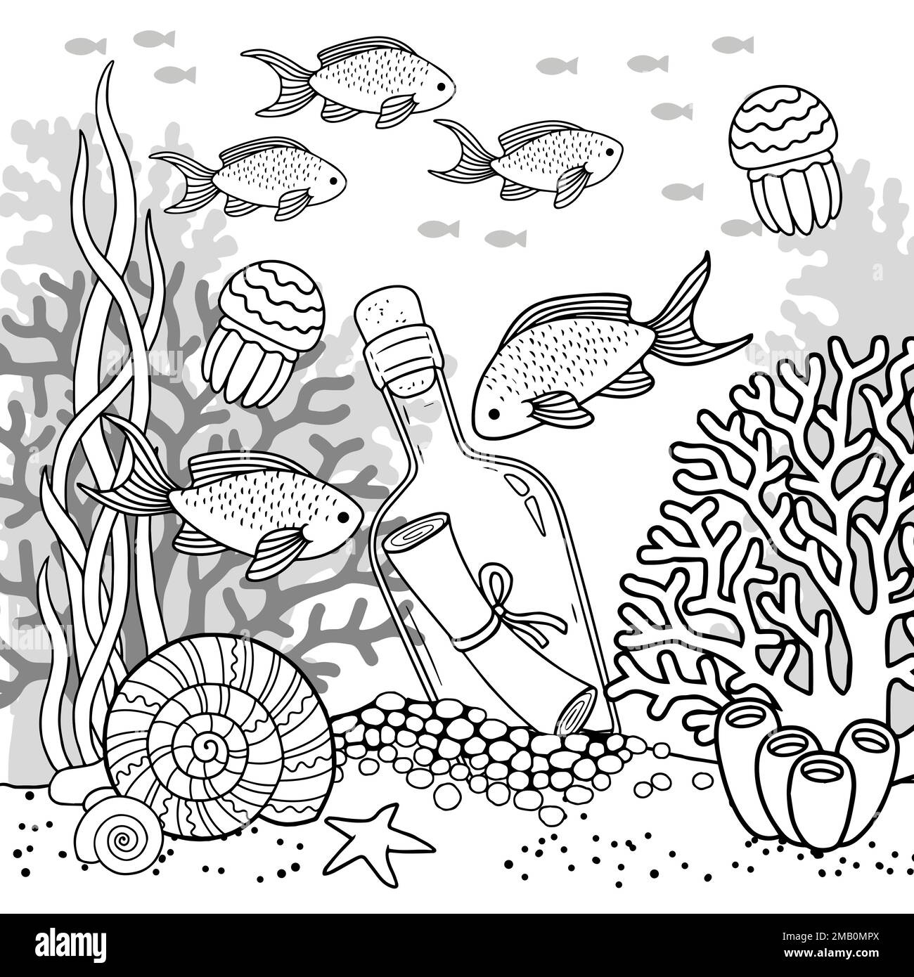Page de livre de coloriage vectoriel pour adultes. Illustration en noir et blanc de la vie sous-marine, de la créature marine, de la carapace, des algues et des poissons Illustration de Vecteur