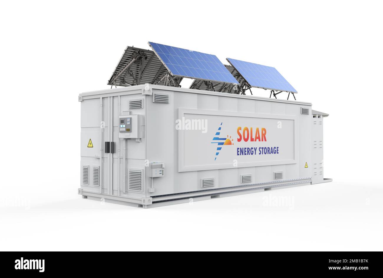 3d système de stockage d'énergie de rendu ou unité de conteneur de batterie avec énergie solaire Banque D'Images