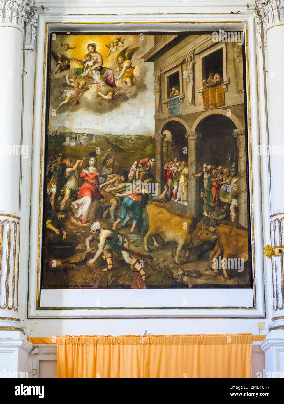 Peinture représentant le martyre de Santa Lucia par Deodato Guinaccia 1579 dans l'église Santa Lucia alla Badia - Syracuse, Sicile, Italie Banque D'Images