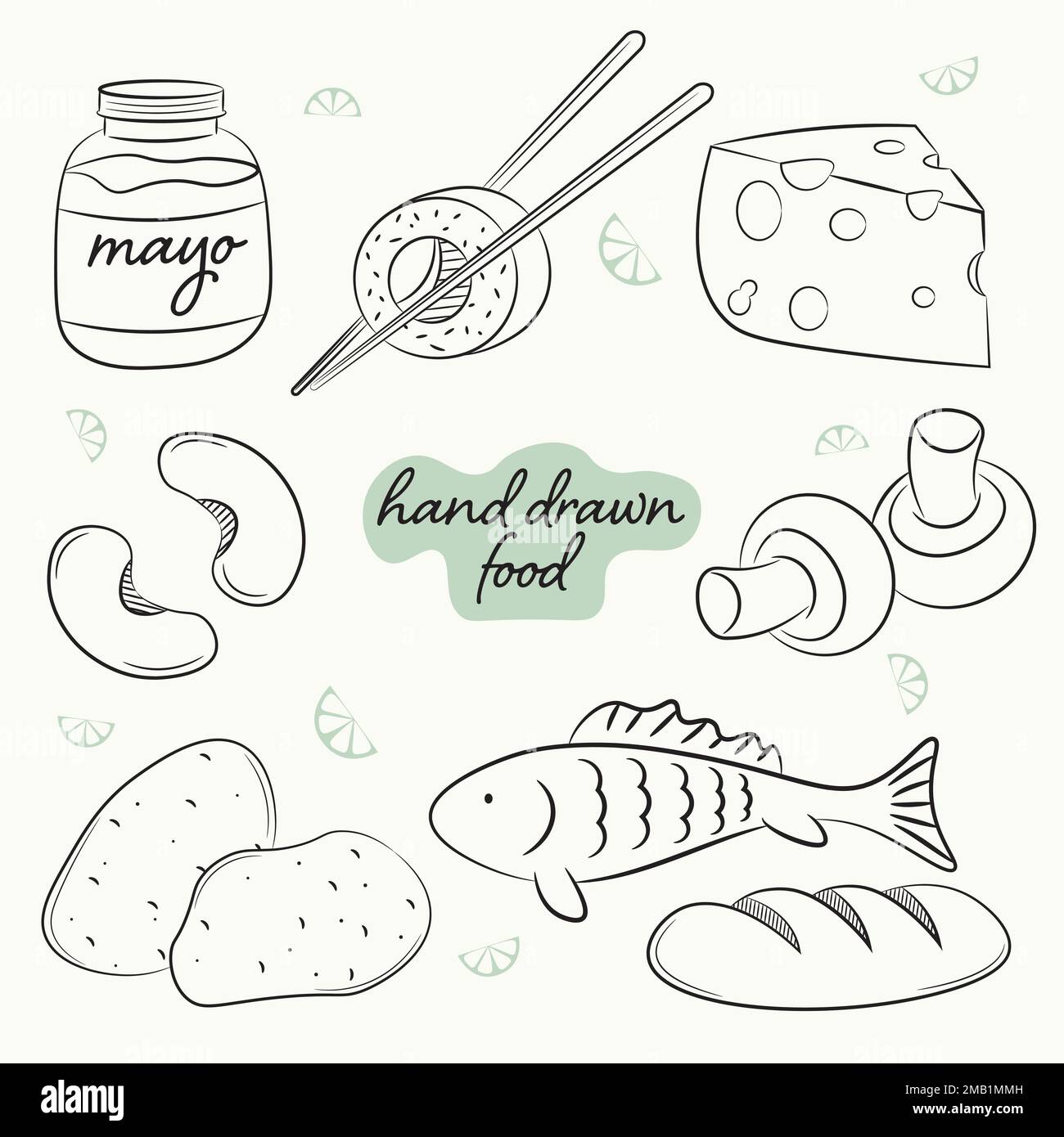 un ensemble de légumes dessinés à la main, de poissons et d'aliments d'épicerie Illustration de Vecteur