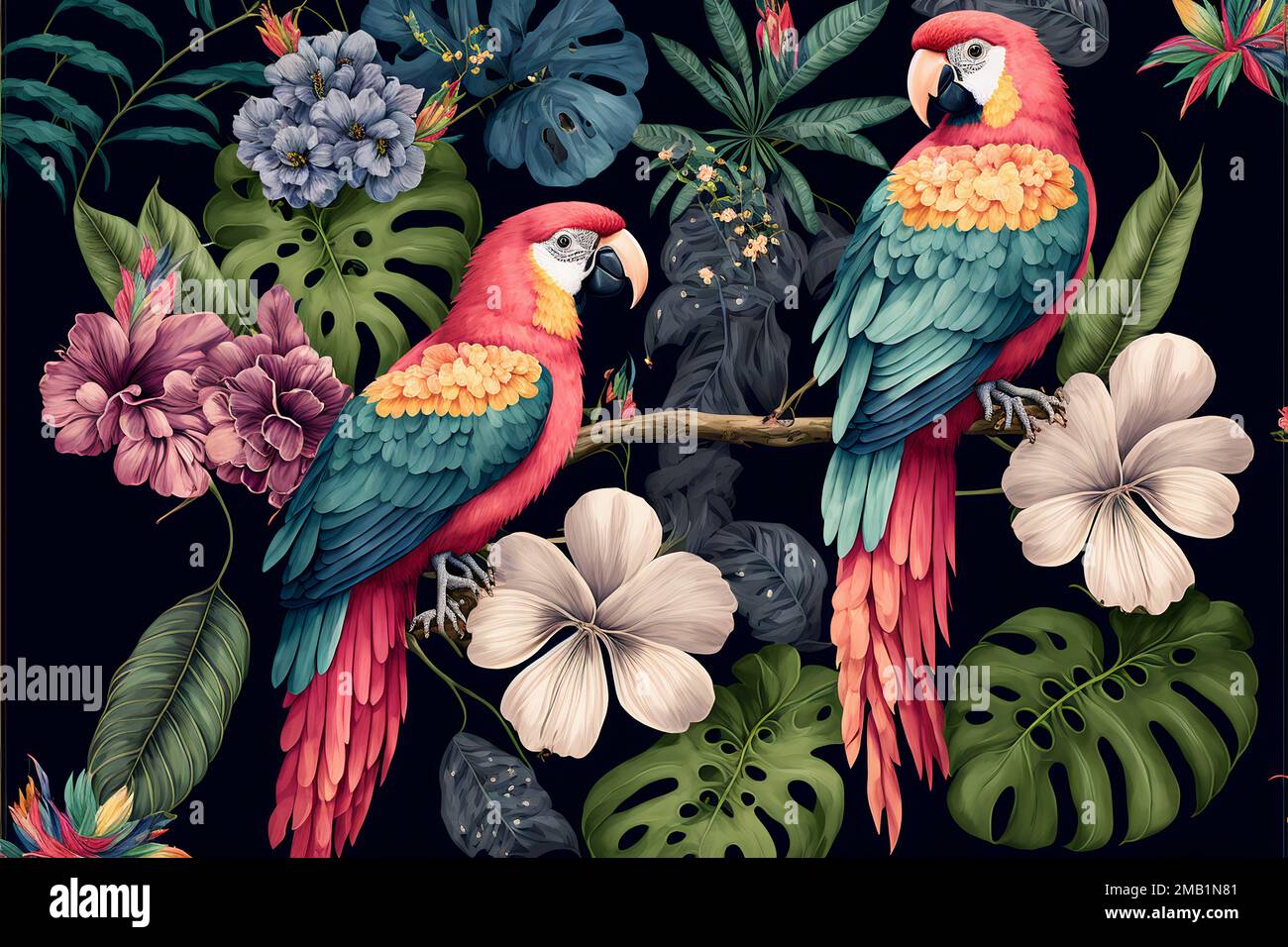 3d art numérique Dessin d'un fond d'écran coloré. forêt tropicale, oiseaux multicolores, plantes tropicales et fleurs Banque D'Images