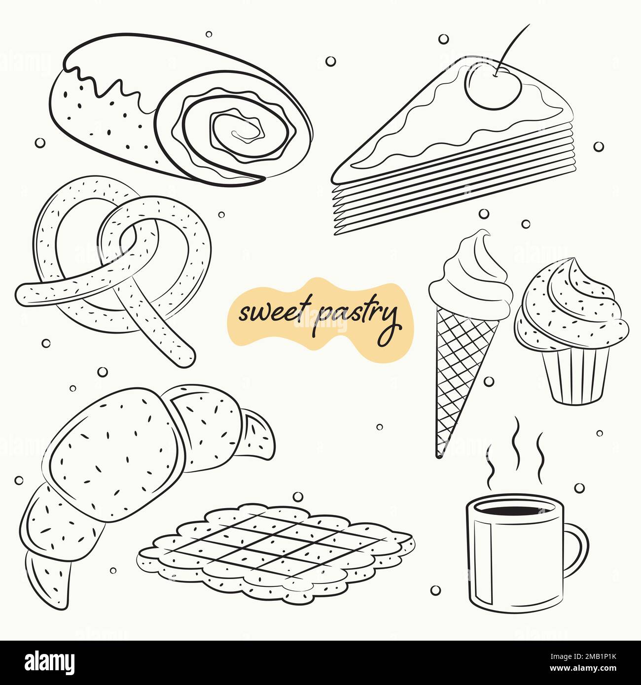 un ensemble de pâtisseries sucrées dessinées à la main dans l'illustration Illustration de Vecteur