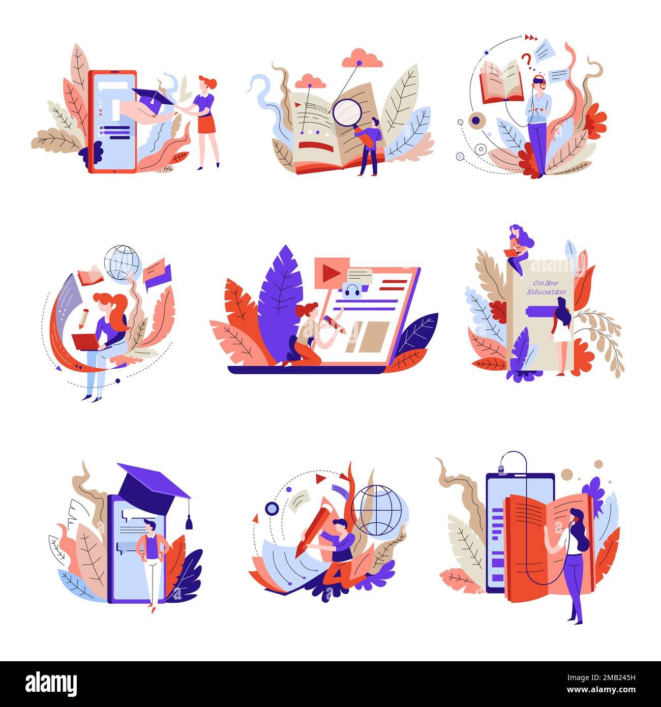 Livres et leçons Web éducation en ligne isolés icônes abstraites manuels vectoriels et audio conférence ordinateur portable et smartphone universitaire chapeau et écouteurs re Illustration de Vecteur