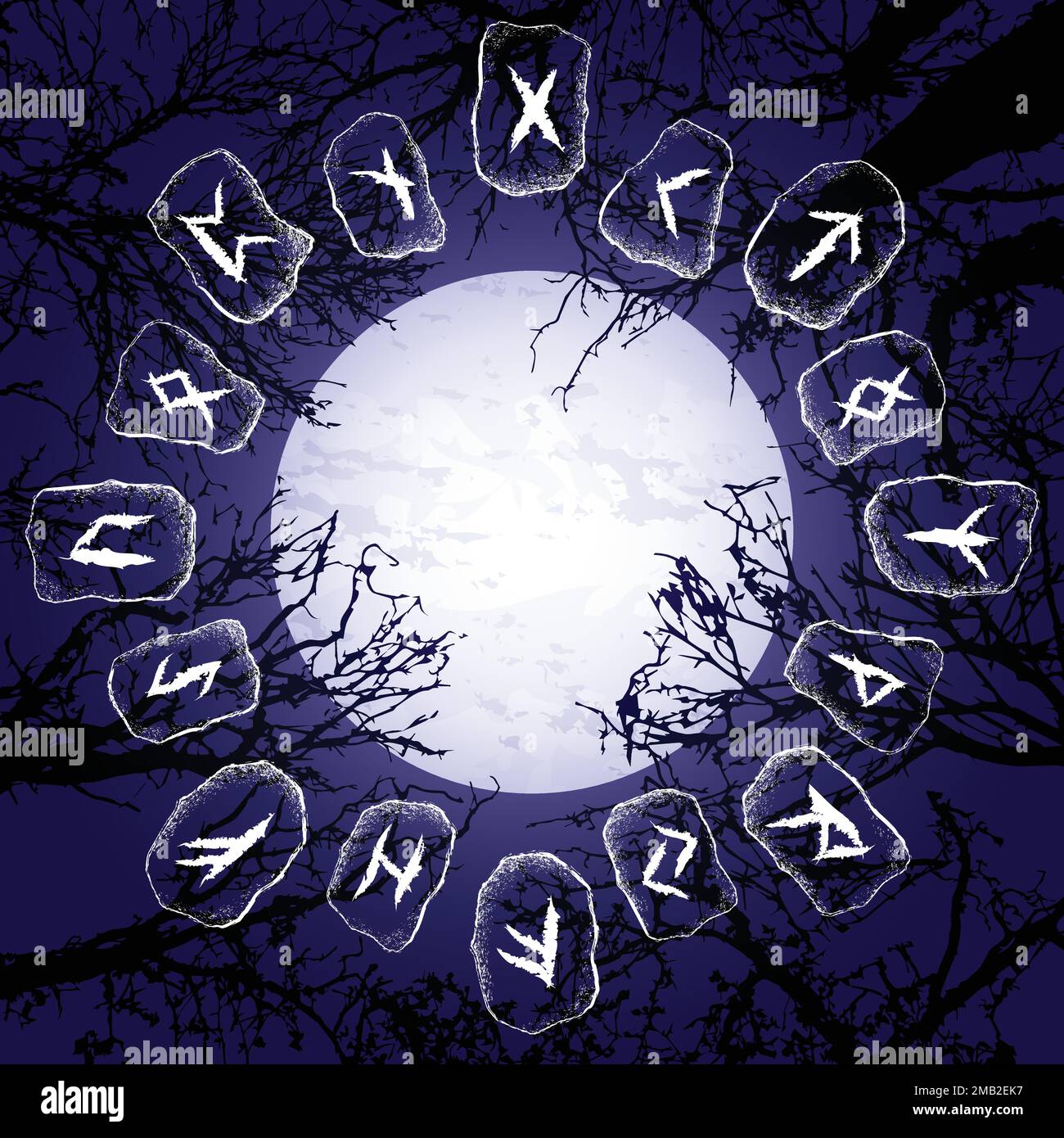Viking runes arbres de nuit et lune Illustration de Vecteur