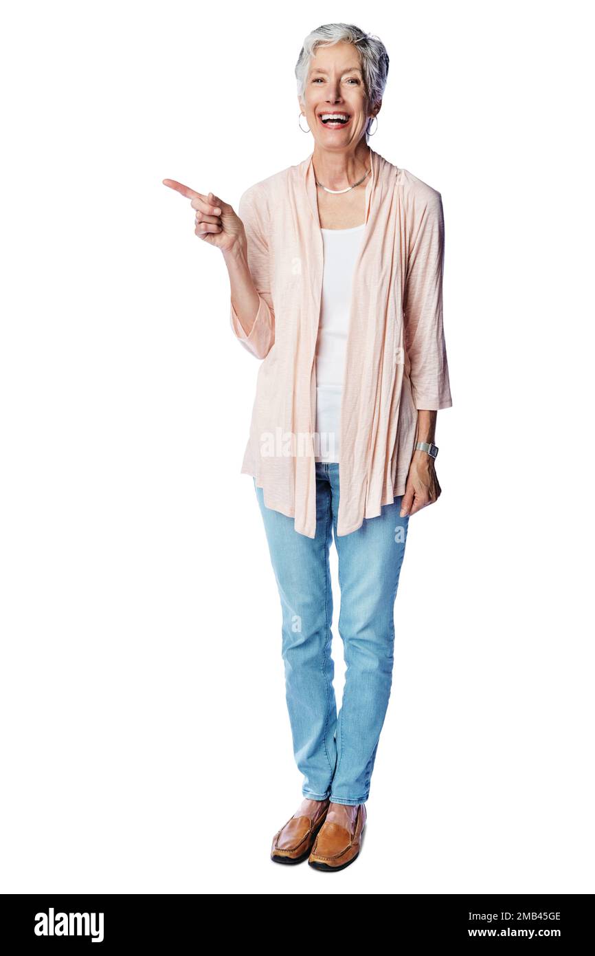 Portrait de maquette, rire et la vieille femme point à la vente promo, cadeau de luxe ou rabais promotion mockup. Espace publicitaire de studio, produit marketing Banque D'Images