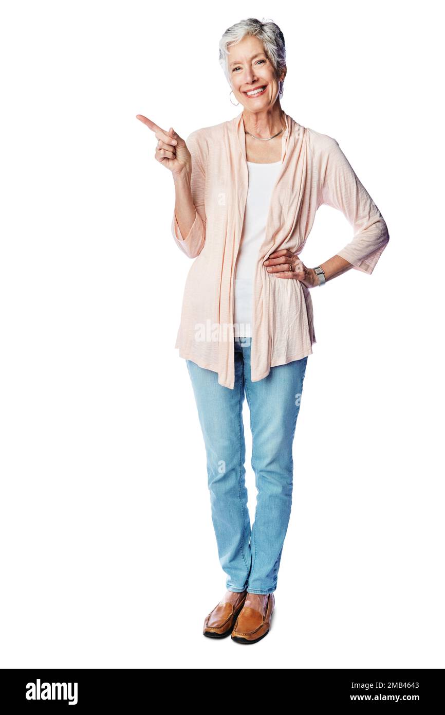 Maquette, portrait et bonne vieille femme point à la vente promo, cadeau de luxe ou rabais promotion maquette. Espace publicitaire de studio, produit marketing Banque D'Images