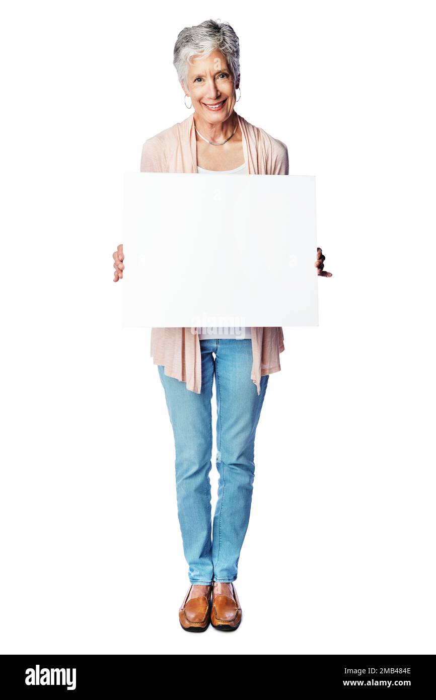 Poster de studio, maquette de portrait et vieille femme avec écriteau de marketing, bannière publicitaire ou placement de produit. Maquette, affiche promotionnelle sur panneau d'affichage et Banque D'Images
