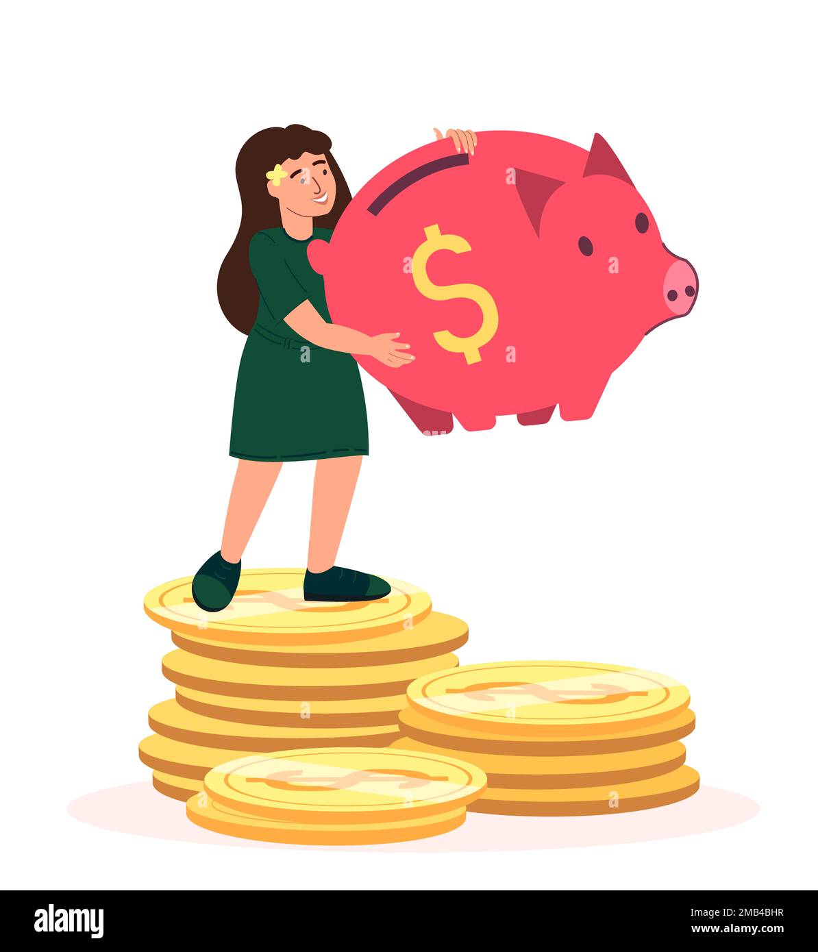 Petite fille tenant une énorme Banque de Piggy dans les mains.enfant se tenir sur pile dorée de pièces.Collect l'argent dans Thrift-box.Saving for Kids future,Education,Life P Banque D'Images