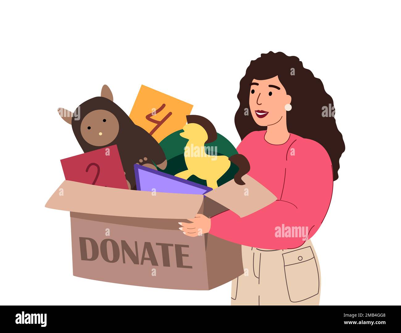 Action pour les enfants.Collect Toys to help Children.Woman with Box full of Free Toys,Donation Box,Children social support and assistance concept.Humanitaria Banque D'Images