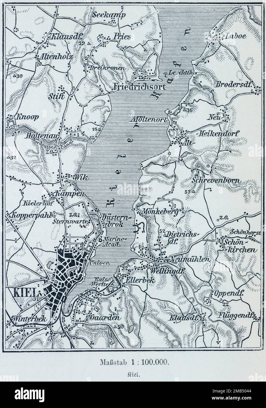 100, 000, capitale, quartiers, Holtenau, Friedrichsort, Gaarden, Port de Kiel, fjord de Kiel, Mer Baltique, lignes de chemin de fer, carte, cartographie, campagne Banque D'Images