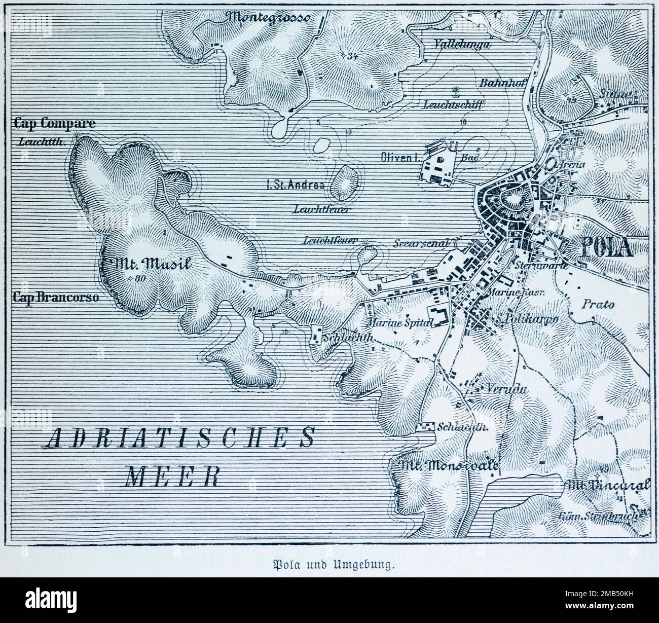 Ville de Pula, Pola, Croatie, carte de la ville et environs, quartiers, baie, cap, Mer Adriatique, île d'olive, hôpital naval, abattoir Banque D'Images