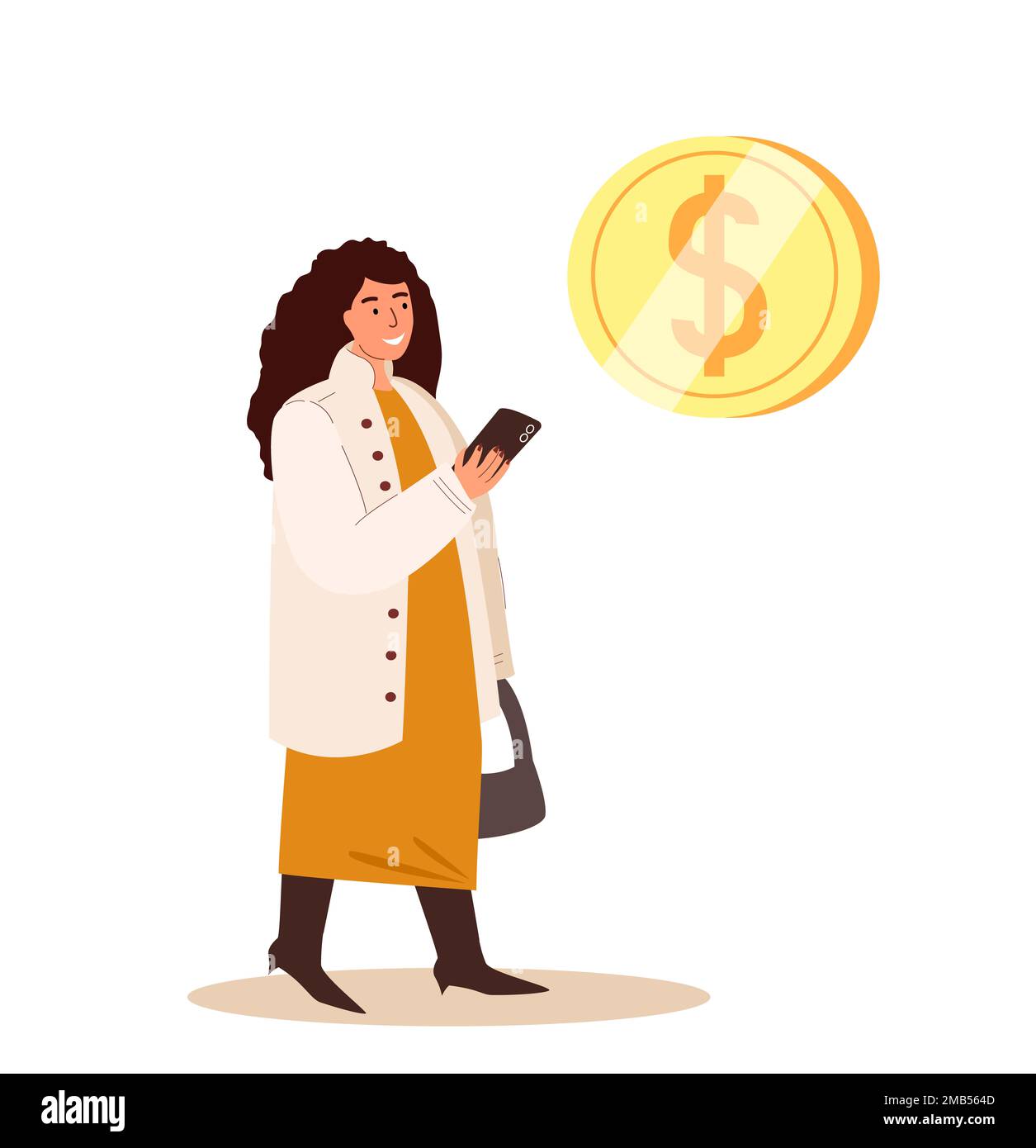 Bonne femme souriante personnage Femme regarder sur l'écran de smartphone , Dollar signe monnaie d'or.transfert d'argent en ligne, retenues de pension, Mobile S Banque D'Images