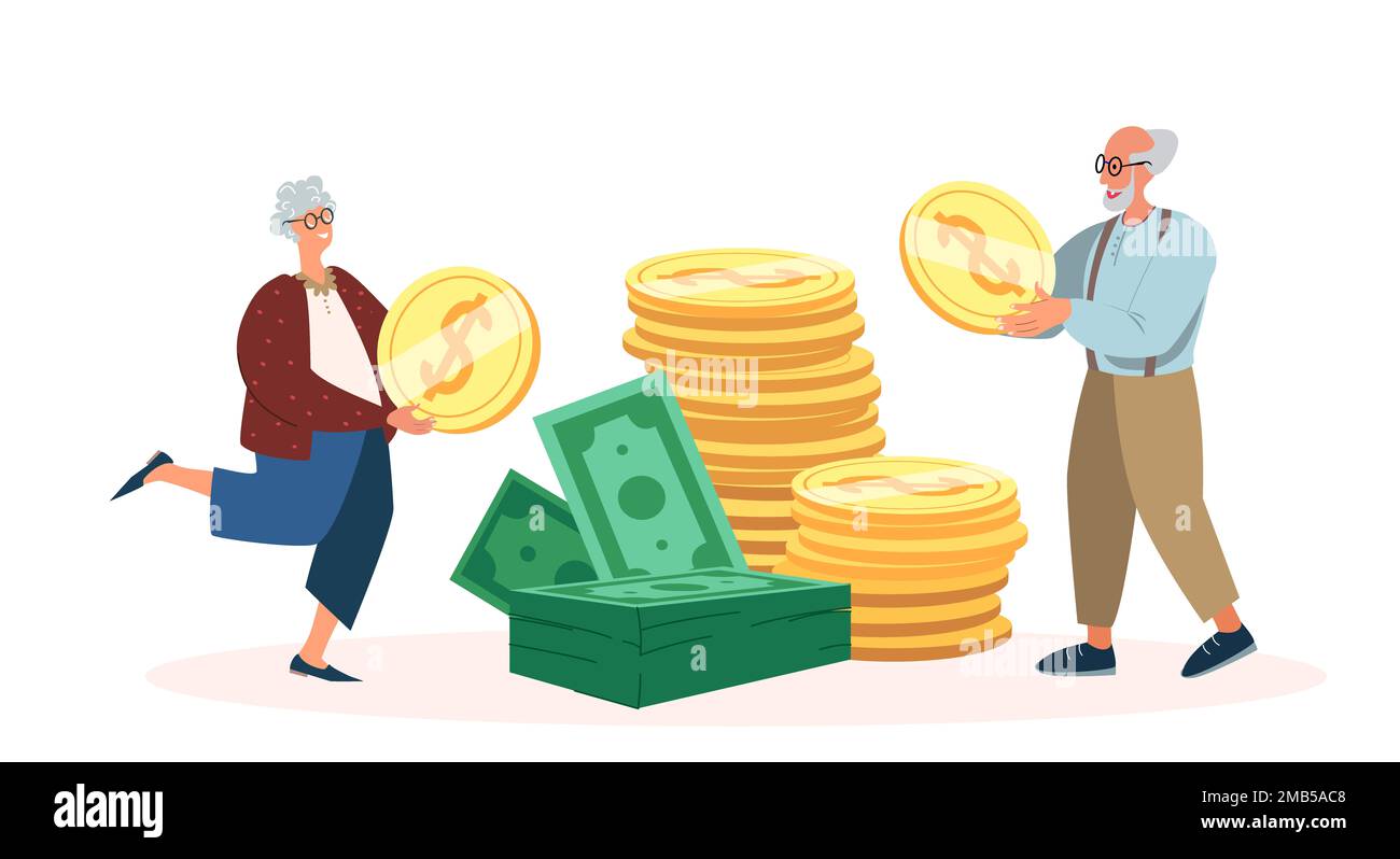 Revenu de pension, profit, budget familial, concept de retraite. Couple senior personnages hommes et femmes collectent de l'argent, obtenir des bénéfices, mettre des pièces de monnaie et de la banque Banque D'Images
