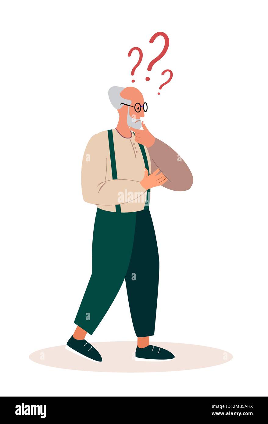 Homme âgé pensif avec amnésie. Forgetful Senior caractère penser,maladie d'Alzheimer. Grand-père confus, oublier et essayer se souvenir.Worr troublé Banque D'Images