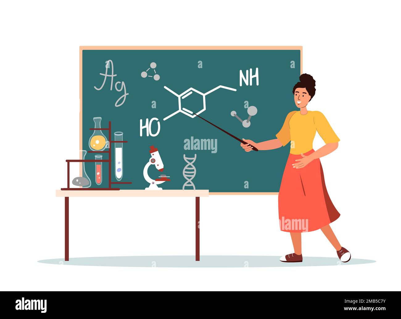 Professeur avec le stand de tablette à Blackboard expliquer la leçon de chimie isolé sur fond blanc. Joyeux personnage féminin enseigner aux élèves de l'école C. Banque D'Images