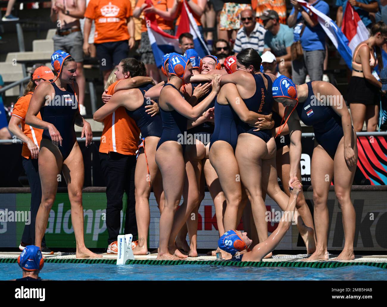 The Netherlands team celebrate their victory in the Women's water polo  bronze medal match between Italy and the Netherlands at the 19th FINA World  Championships in Budapest, Hungary, Saturday, July 2, 2022. (