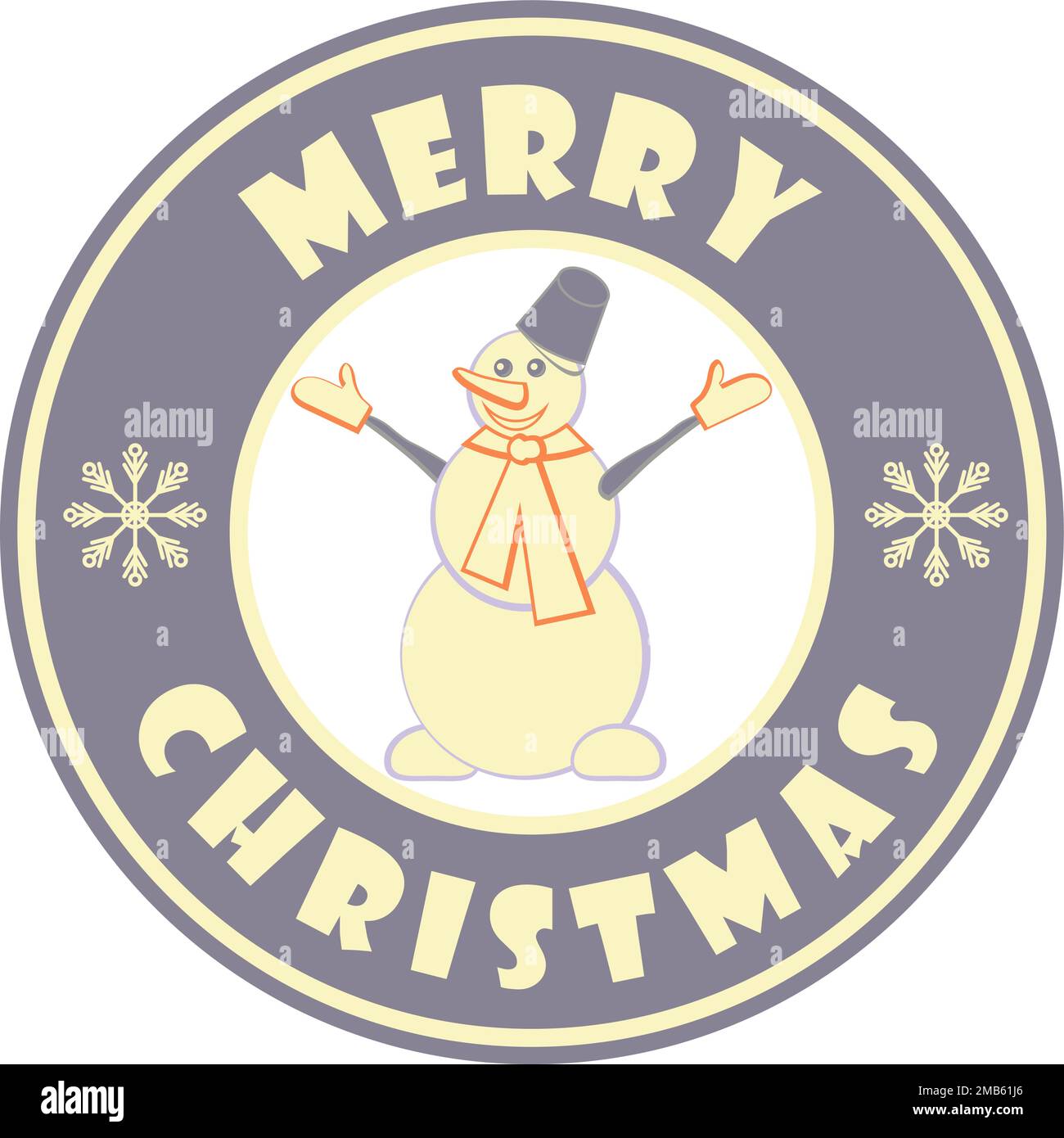 Jolis badges circulaires avec bonhomme de neige et texte de salutation Merry Christmas couleur pourpre Illustration de Vecteur