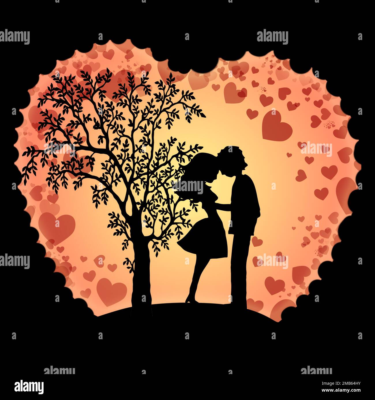 Illustration de la carte de vœux de la Saint-Valentin avec silhouettes de jeunes amoureux Banque D'Images