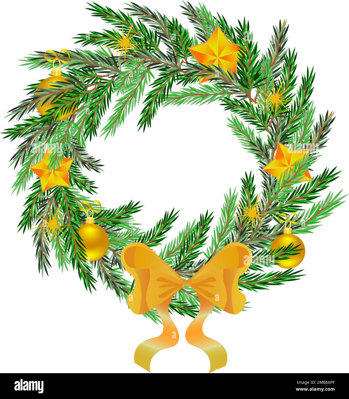 Couronne de Noël réaliste avec gros noeud doré, boules et étoiles décoratives Illustration de Vecteur