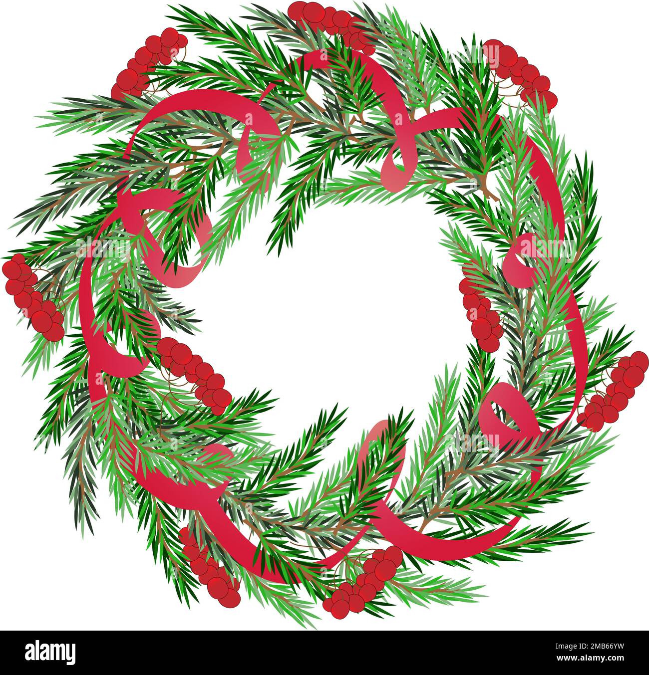 Couronne de Noël d'hiver réaliste avec branches à feuilles persistantes, ruban rouge décoratif et baies Illustration de Vecteur