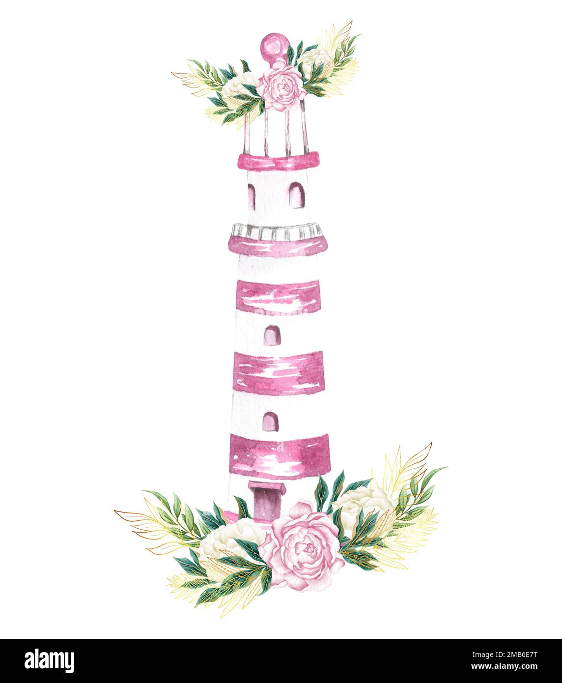 Aquarelle dessin à la main de fleurs marines, marines et roses avec phare et bouquet de fleurs Banque D'Images