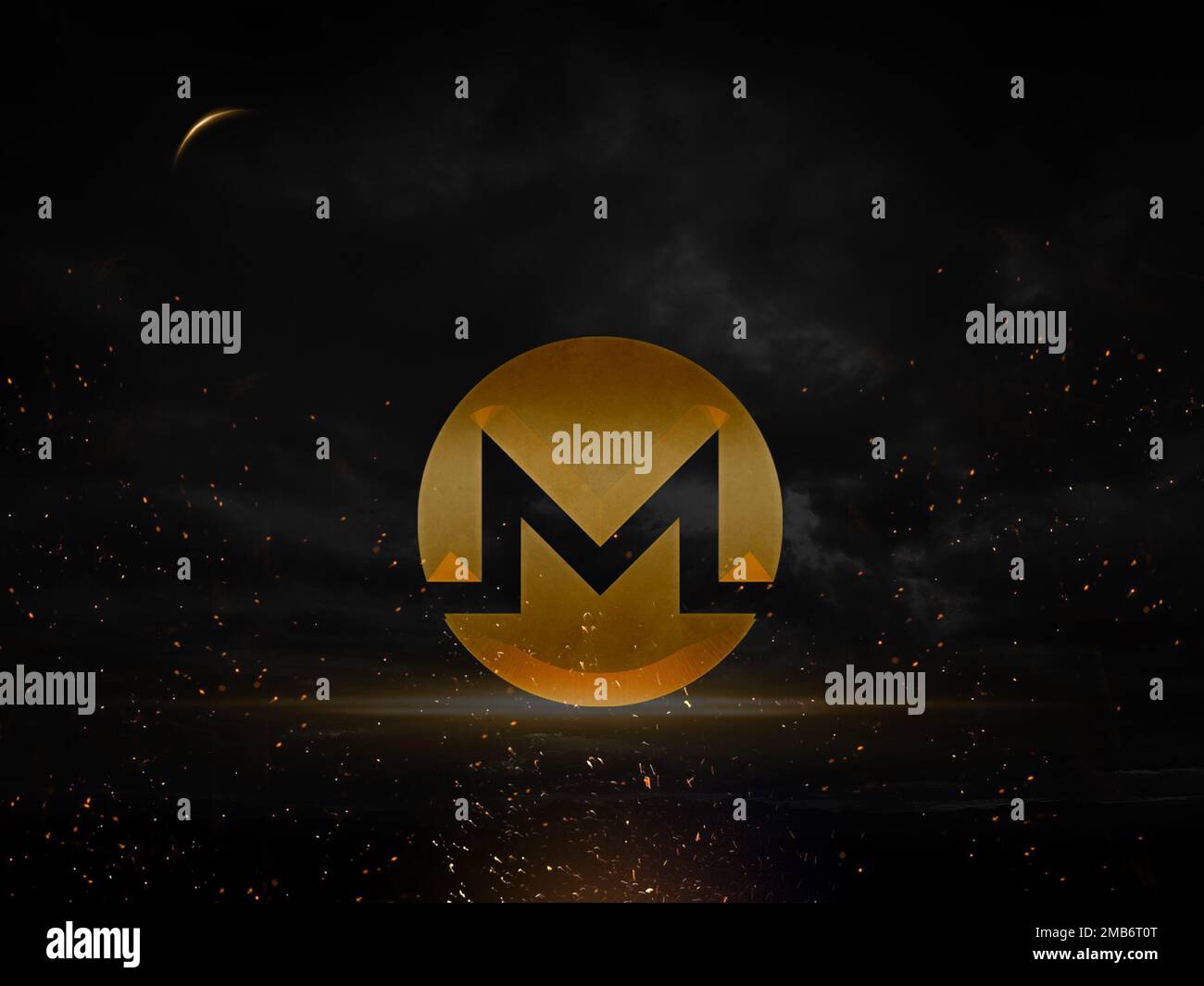 Monero XMR logo de la pièce de monnaie crypto-monnaie sur fond de ciel sombre, illustration de la finance décentralisée de la chaîne de blocs. Banque D'Images