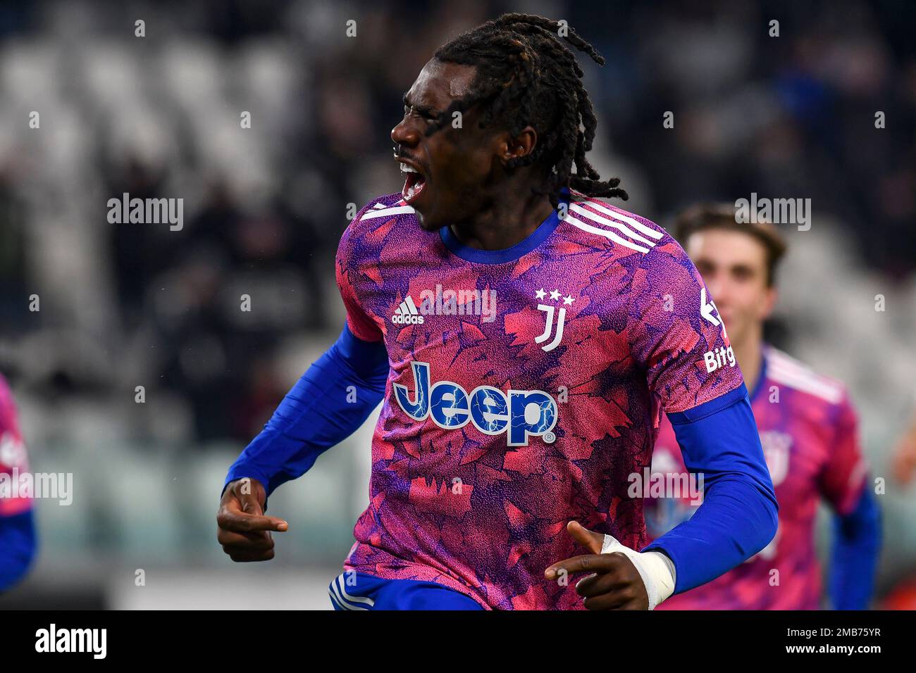 Moise Kean de Juventus FC célèbre après avoir marqué le but de 1-0 lors du match de football de la coupe d'Italie entre Juventus FC et AC Monza. Banque D'Images Moise Kean de Juventus FC célèbre après avoir marqué le but de 1-0 lors du match de football de la coupe d'Italie entre Juventus FC et AC Monza. Banque D'Images
