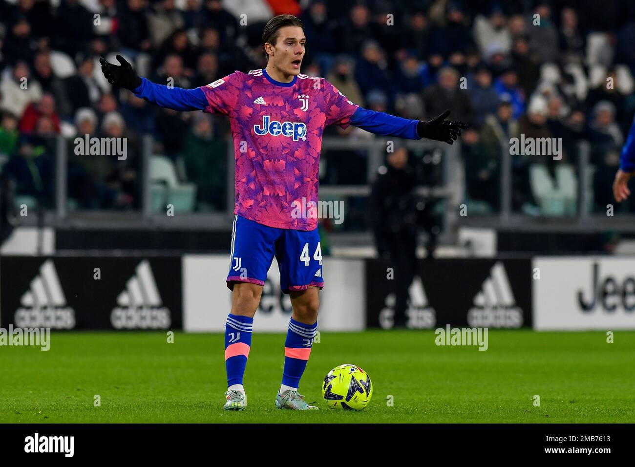 Nicolo Fagioli de Juventus FC réagit lors du match de football de la coupe d'Italie entre Juventus FC et AC Monza. Banque D'Images Nicolo Fagioli de Juventus FC réagit lors du match de football de la coupe d'Italie entre Juventus FC et AC Monza. Banque D'Images