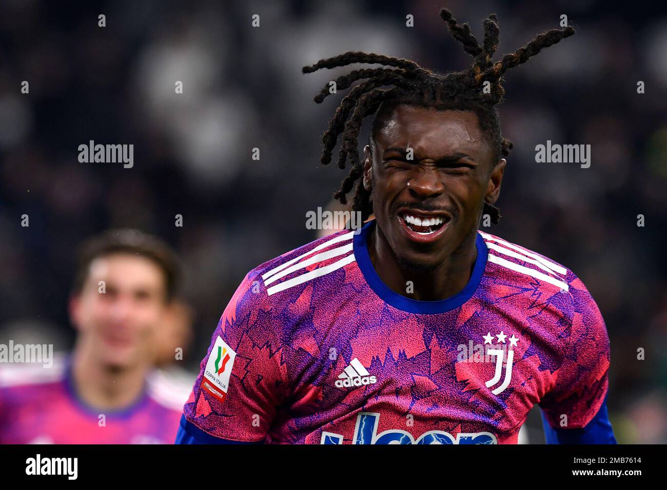 Moise Kean de Juventus FC célèbre après avoir marqué le but de 1-0 lors du match de football de la coupe d'Italie entre Juventus FC et AC Monza. Banque D'Images Moise Kean de Juventus FC célèbre après avoir marqué le but de 1-0 lors du match de football de la coupe d'Italie entre Juventus FC et AC Monza. Banque D'Images