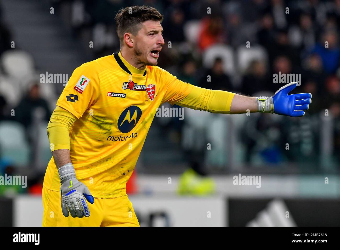 Alessio Cragno d'AC Monza réagit lors du match de football de la coupe d'Italie entre Juventus FC et AC Monza. Banque D'Images Alessio Cragno d'AC Monza réagit lors du match de football de la coupe d'Italie entre Juventus FC et AC Monza. Banque D'Images