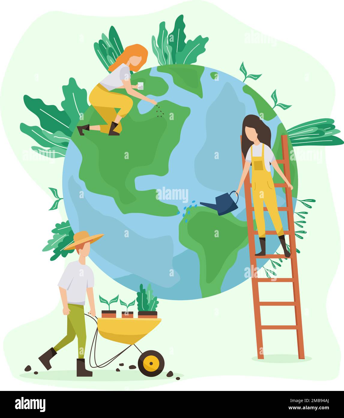 Concept d'écologie. Les gens prennent soin de l'écologie de la planète. Protéger la nature et l'écologie bannière. Jour de la terre. Globe avec des arbres, des plantes et des bénévoles. Illustration de Vecteur