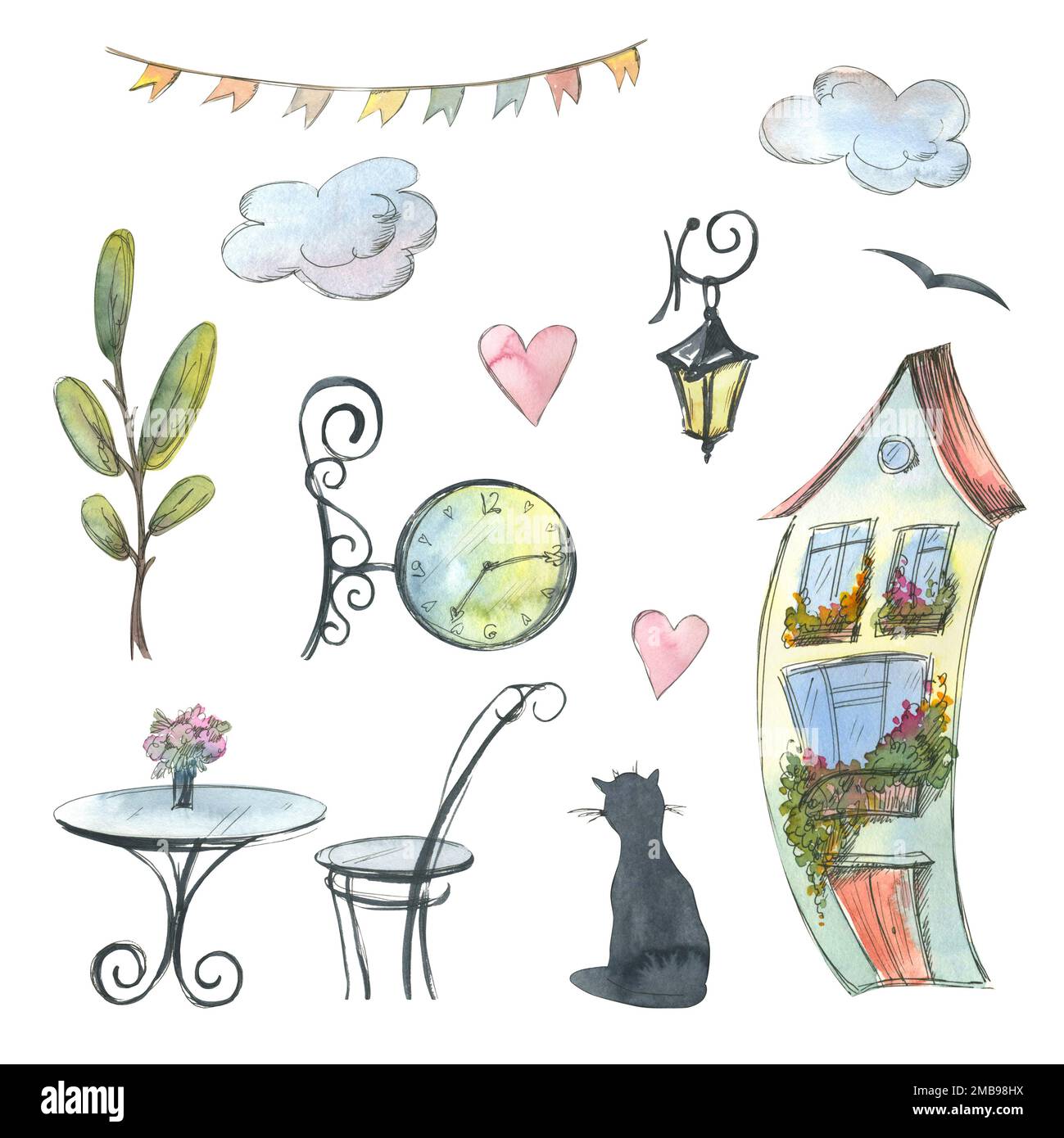 Une jolie maison avec une lanterne, une horloge, un chat, des nuages, des coeurs, un arbre, une table, une chaise, une guirlande de drapeaux. Illustration aquarelle. Un ensemble de la Banque D'Images