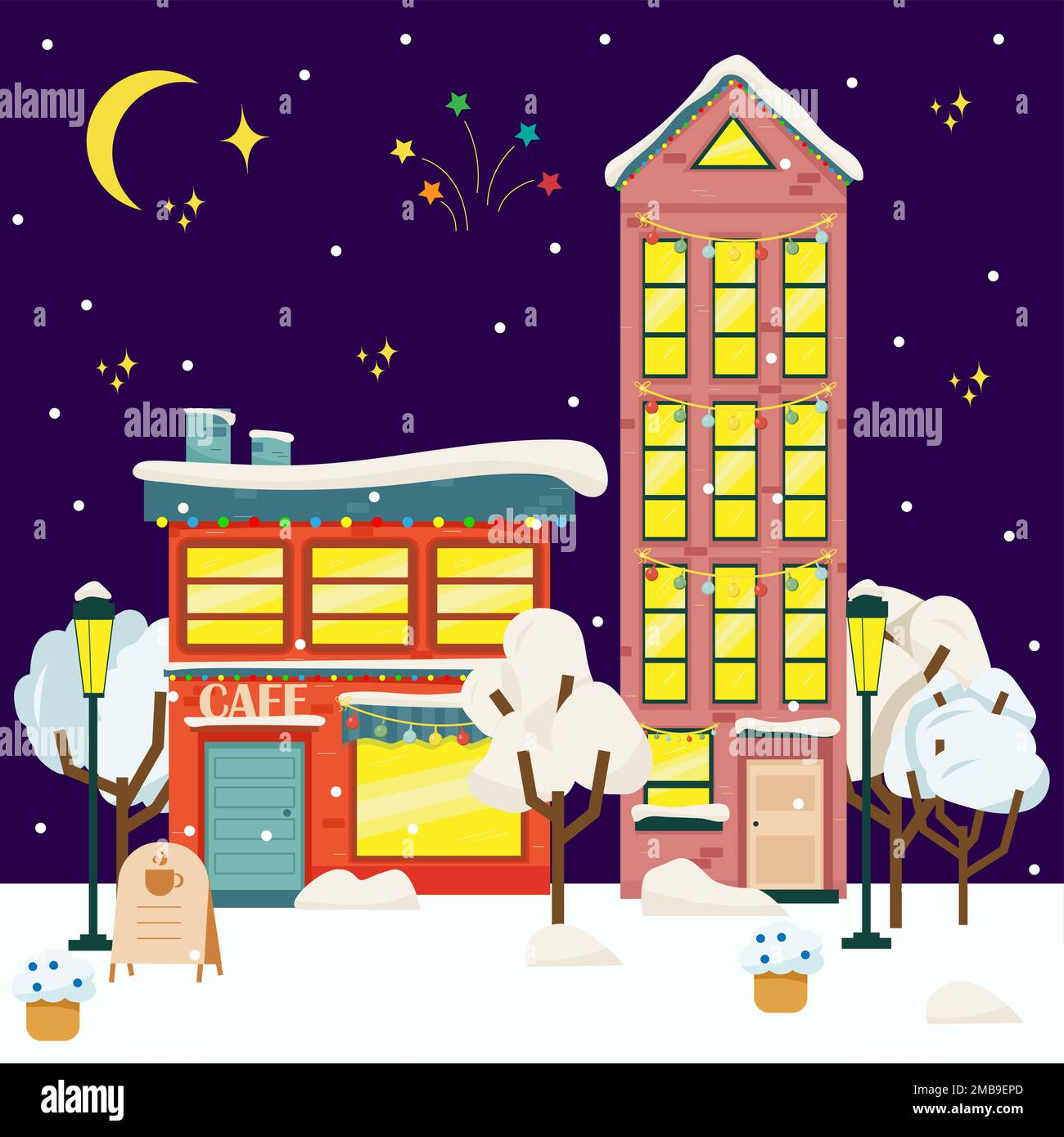 Café de Noël dans la ville. Style plat Illustration de Vecteur