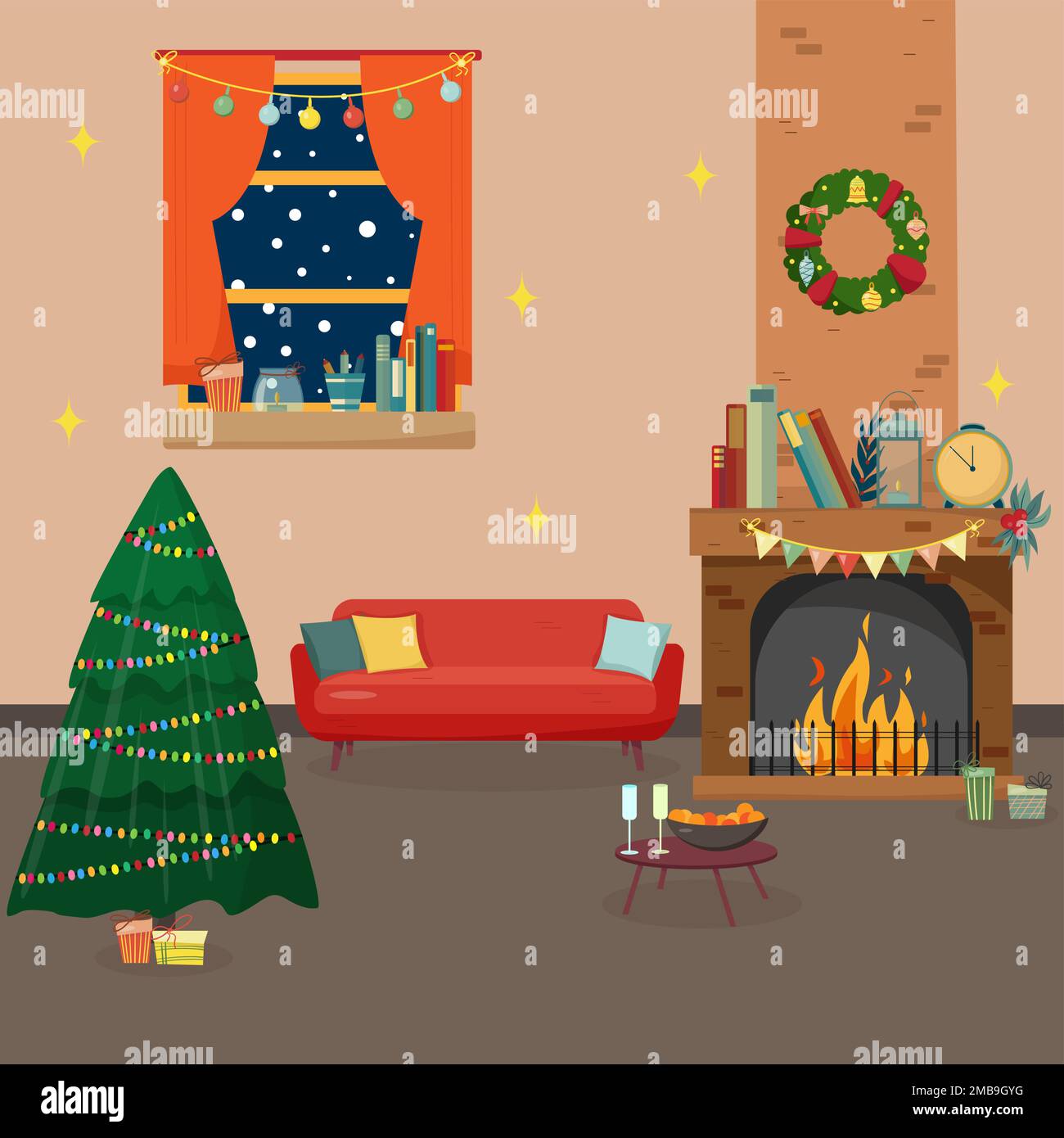 Décoration de Noël avec cheminée dans un style plat de dessin animé coloré. Illustration de Vecteur