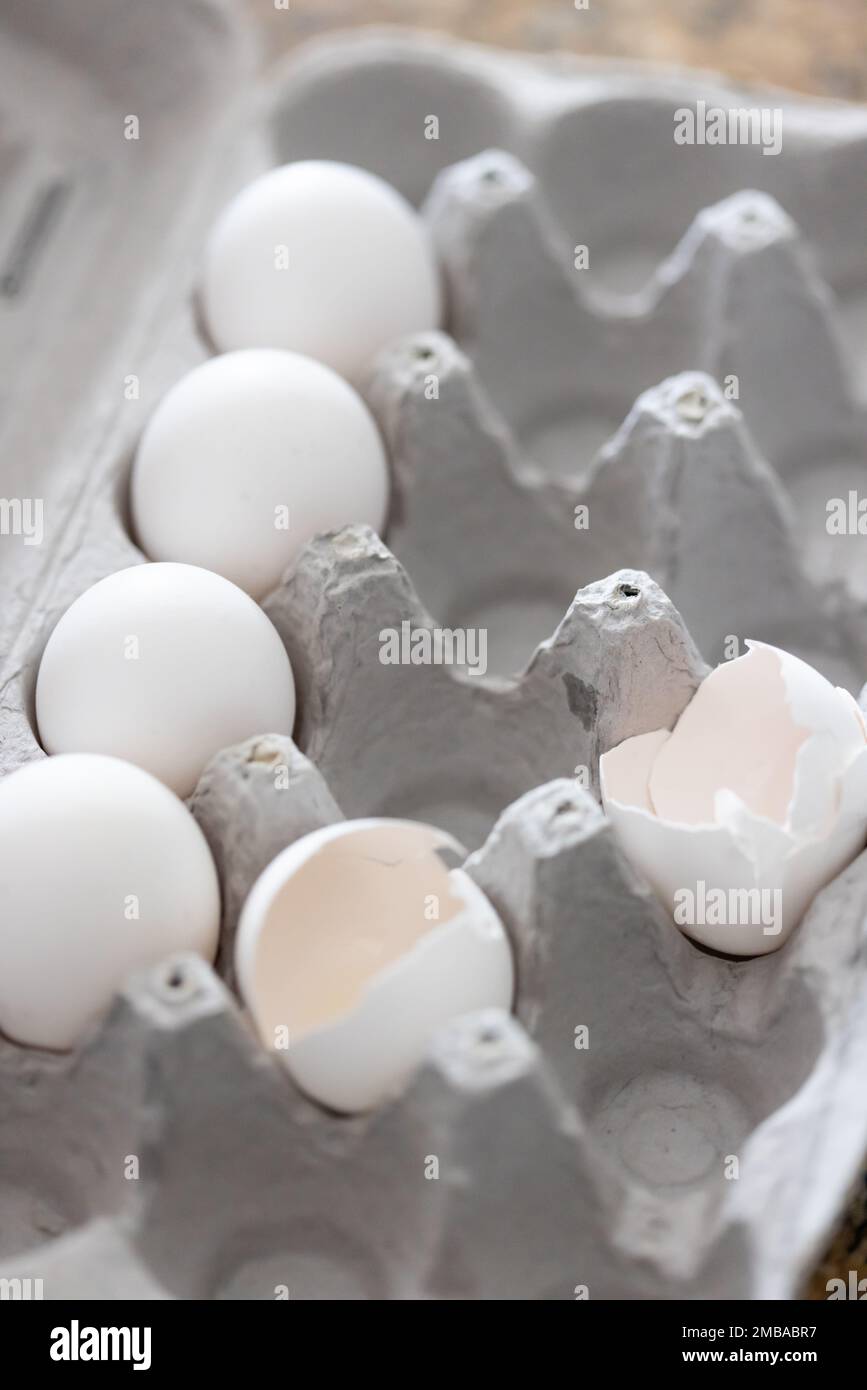 Carton d'œufs de poulet blanc et de coquilles d'œufs. Banque D'Images